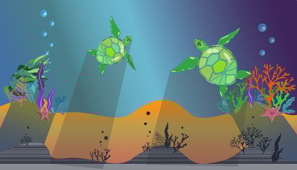 Underwater world, 2 turtles, underwater algae, light shadows in water, summer vector illustration for turtle day