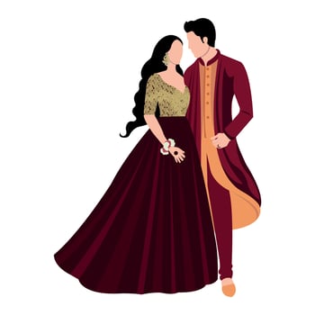 Vector vector cute indian couple cartoon in traditional dress posing for wedding invitation card design