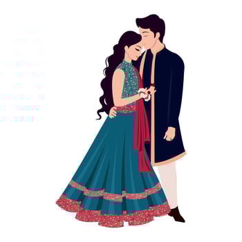 Vector vector cute indian couple cartoon in traditional dress posing for wedding invitation card design