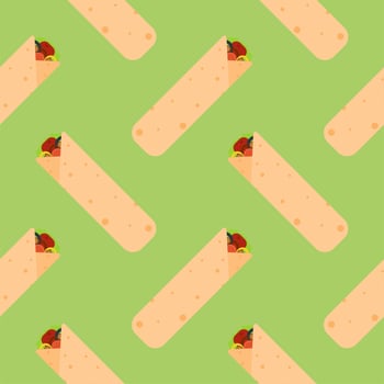 shawarma doner burito flat design vector illustration. Delicious Arabic roll with meat, salad, tomato. Kebab with chicken and onion. Cartoon style vector illustration