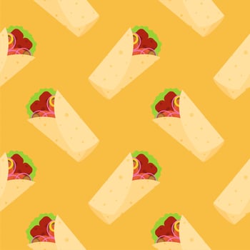 shawarma doner burito flat design vector illustration. Delicious Arabic roll with meat, salad, tomato. Kebab with chicken and onion. Cartoon style vector illustration