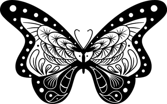 Monochrome ethnic butterfly mandala design. Anti-stress coloring page for adults. Hand drawn black and white vector illustration
