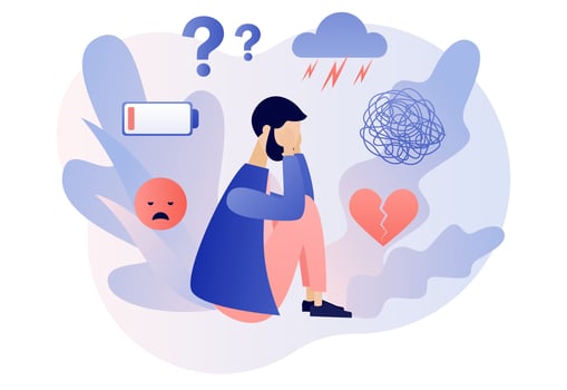 Depression mental. Depressed man sitting on floor. Mental health and psychotherapy concept. Anxiety, stress, emotional burnout and other psychological problems. Modern flat cartoon style. Vector