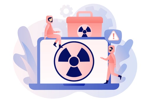 Radiation warning sign on smartphone screen. Nuclear toxic waste concept. Tiny people in radioactive protection suit. Modern flat cartoon style. Vector illustration on white background