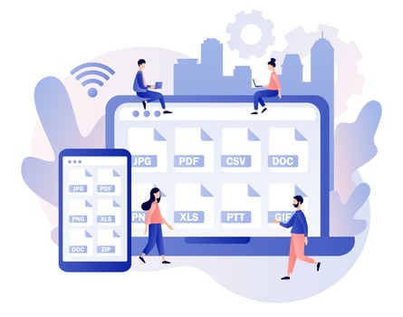 Various file formats in smartphone or laptop. Extension of electronic documents. File type jpg, pdf, doc, zip, gif, csv, xls, ppt, png. Modern flat cartoon style. Vector illustration
