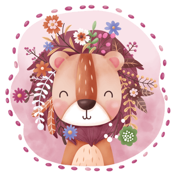 Cute baby lion and flowers illustration png