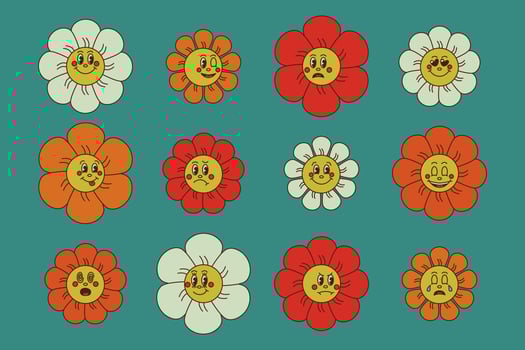 Retro groovy cartoon flowers set on green background. Funny emoticon in flat cartoon style. Blossom with faces and feeling. Perfect for decoration, greeting cards, postcards, stickers vector