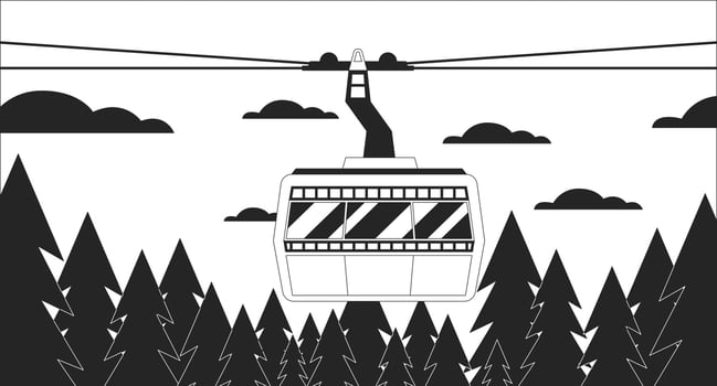 Cabin ropeway above forest skyline black and white lo fi chill wallpaper. Cableway in cloudy woods 2D vector cartoon landscape illustration, minimalism background. 80s retro album art, line art