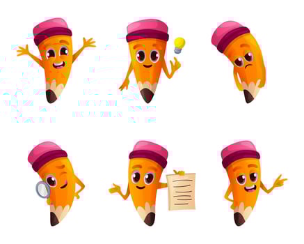 Set of cute pencil character in different poses. Personages with eyes, hands, expression. School supplies, education stationery mascot emoticon. Funny educational stuff face emoji. Back to school vector