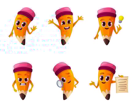 Set of cute pencil character in different poses. Personages with eyes, hands, expression. School supplies, education stationery mascot emoticon. Funny educational stuff face emoji. Back to school vector