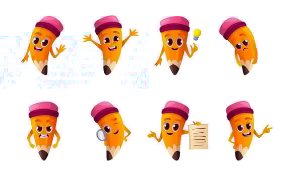 Set of cute pencil character in different poses. Personages with eyes, hands, expression. School supplies, education stationery mascot emoticon. Funny educational stuff face emoji. Back to school vector