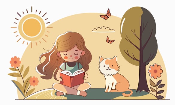 Cute Girl Character Reading Book With Cartoon Cat Sitting, Butterflies On Sun Nature Background. vector