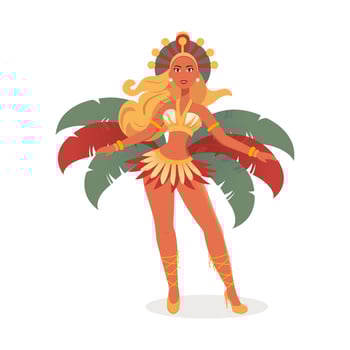 Beautiful Young Female Wearing Feather Costume In Dancing Pose. Carnival or Samba Dance Concept. vector