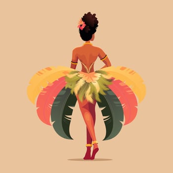 Back view of Feather Headdress Wearing Brazilian Female Character In Standing Pose. Carnival Or Samba Dance Concept. vector