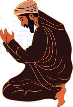 Young Muslim Man Character Holding Tasbih In Sitting Pose. vector