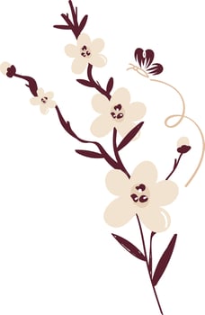 Fly Brown Butterfly On Flower Plant Hand Drawn Vector. vector