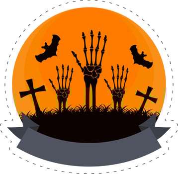 Skeleton Hands Up With Fly Bats Graveyard Circular Orange background For happy Halloween Concept. vector