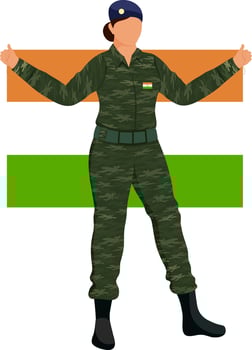 Faceless Army Woman Holding Indian Tricolor Flag In Standing Pose. vector