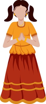Lehenga Choli Wearing South Indian Young Girl Doing Namaste On White Background. vector