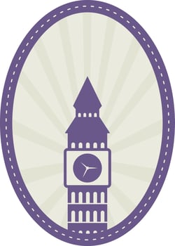 Isolated Big Ben With Rays On Oval Background In Violet And Grey Color. vector
