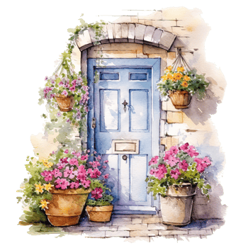 Cozy door with flowers watercolor. Illustration png