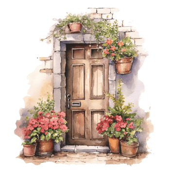 Cozy door with flowers watercolor. Illustration png