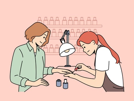 Beautician make manicure for female client in salon. Nail master work with woman customer in saloon. Beauty and cosmetology. Vector illustration.