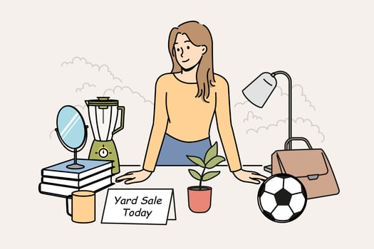 Smiling woman standing at desk selling goods on yard sale. Happy female offer things on backyard sale. Vector illustration.