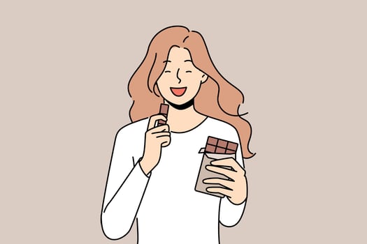Smiling girl eating chocolate. Happy woman enjoy sweet dessert, milk or black chocolate bar. Vector illustration.