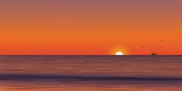 Seascape sunset with silhouette fishing boat followed by seagulls at skyline vector illustration have blank space. Ocean with dramatic sky background.