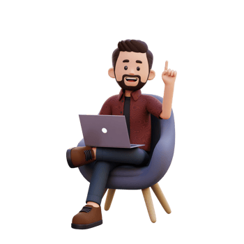 3d male character get an idea while sitting on a sofa and working on a laptop png