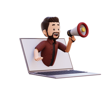 3d male character jumping out from computer screen and holding a megaphone png