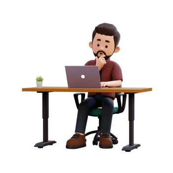 3d male character thinking and working on a laptop png