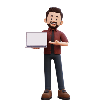 3d male character holding and presenting to a laptop with empty screen png