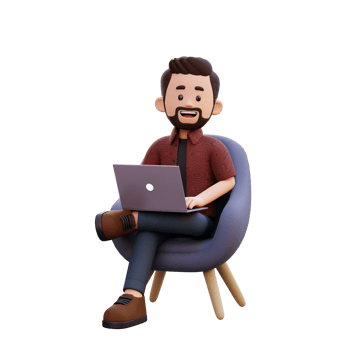 3d male character sitting on a sofa and working on a laptop png