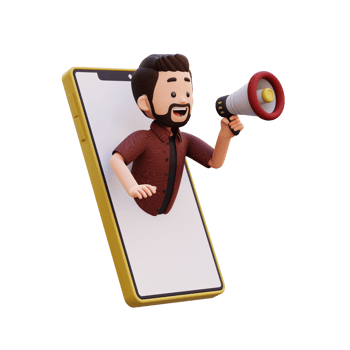 3d male character jumping out from smart phone screen and holding a megaphone png
