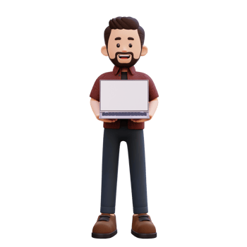3d male character holding and presenting a laptop with empty screen png