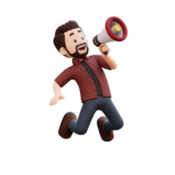 3d male character jumping and holding a megaphone png