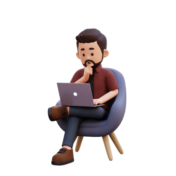 3d male character sitting on a sofa and working on a laptop with thinking pose png