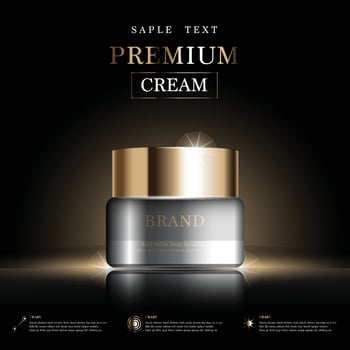 Hydrating facial cream for annual sale or festival sale. gold serum mask bottle isolated on glitter particles background. Graceful cosmetic ads, illustration. vector