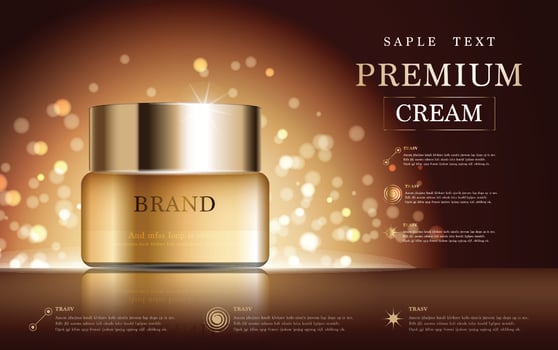Hydrating facial cream for annual sale or festival sale. blue and gold serum mask bottle isolated on glitter particles background. Graceful cosmetic ads, illustration. vector