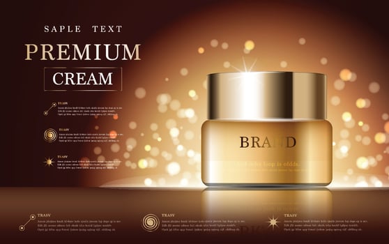 Hydrating facial cream for annual sale or festival sale. blue and gold serum mask bottle isolated on glitter particles background. Graceful cosmetic ads, illustration. vector