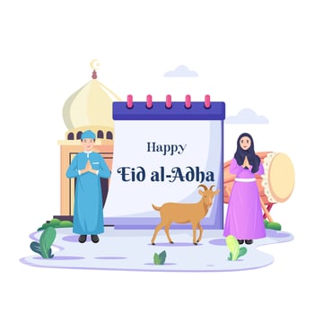 Happy Muslim family celebrates Eid Al Adha Mubarak. Flat vector template illustration