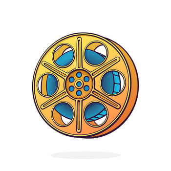 Film stock. Vintage camera reel. Movie industry. Old cinema strip. Retro storage of analog video information. Cartoon vector illustration with outline. Clip art Isolated on white background