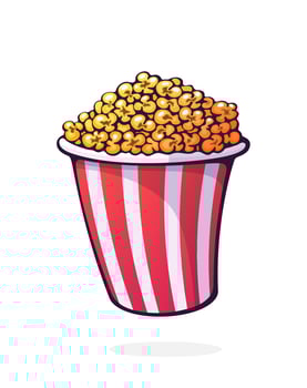 Bucket full of popcorn. Red and white striped paper cup with junk snack. Symbol of the film industry and fast food. Cartoon vector illustration with outline. Clip art Isolated on white background