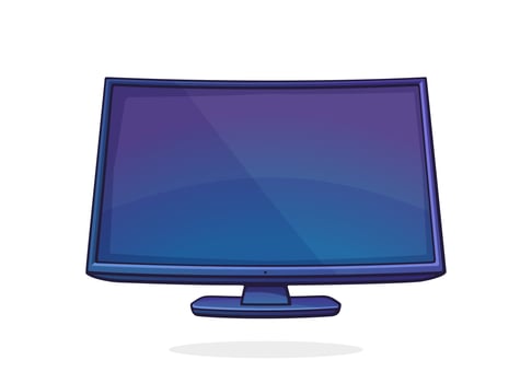 Vector illustration. Modern digital smart TV with full ultra HD display. Television box with LCD or LED flatscreen for video translation. Clip art with outline for design. Isolated on white background