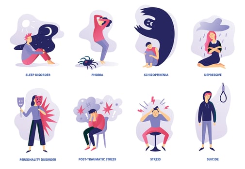 Psychiatric illness. Mental disorder, paranoia feeling and panic problem. Psychic illnesses and disorders vector illustration set