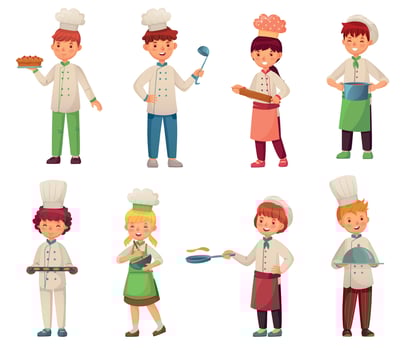 Cartoon cooking children. Little chef cooks food, kid cook and gourmet childrens kitchen chefs vector illustration set