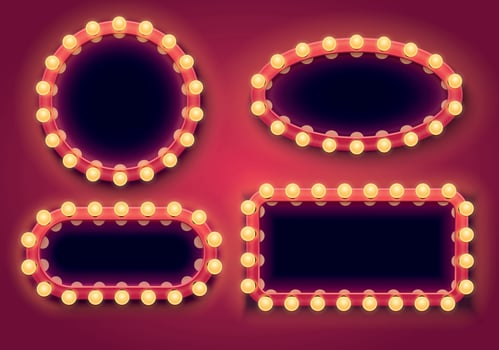 Makeup mirror set. Lights frame, beautiful lighting and mirrors frames bulbs isolated 3D vector illustration