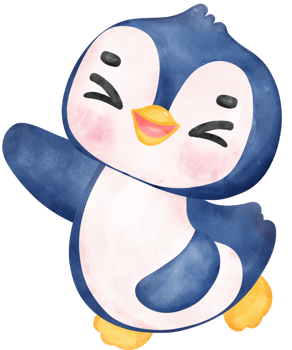 Adorable watercolor baby excited penguin with a joyful expression and happy pose, vibrant nursery children illustration hand painting png